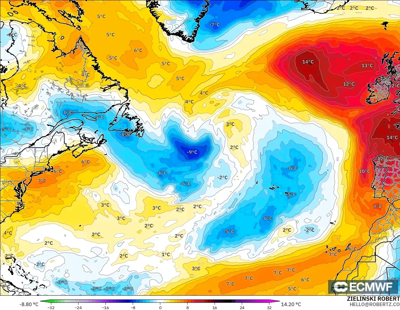 ECMWF IFS 0.25° modelo - Norte Atlántico, Anomalía de temperatura a 850 hPa