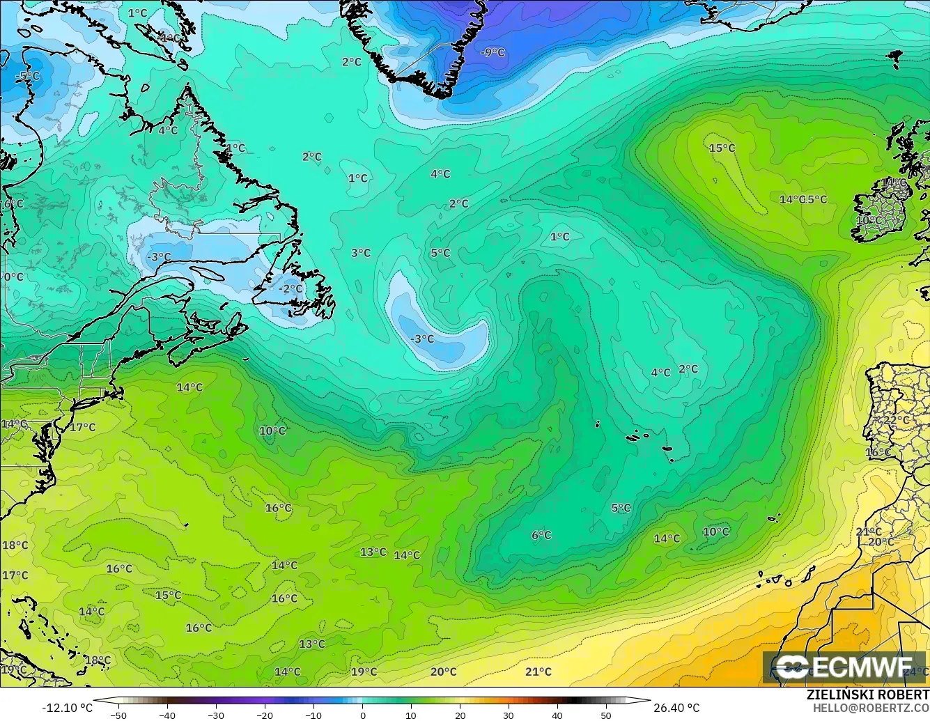 ECMWF IFS 0.25° modelo - Norte Atlántico, Temperatura a 850 hPa