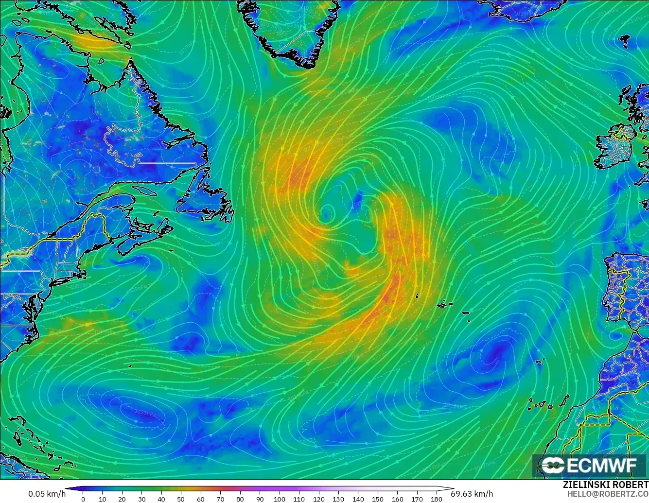 ECMWF IFS 0.25° modelo - Norte Atlántico, Viento a 10 m