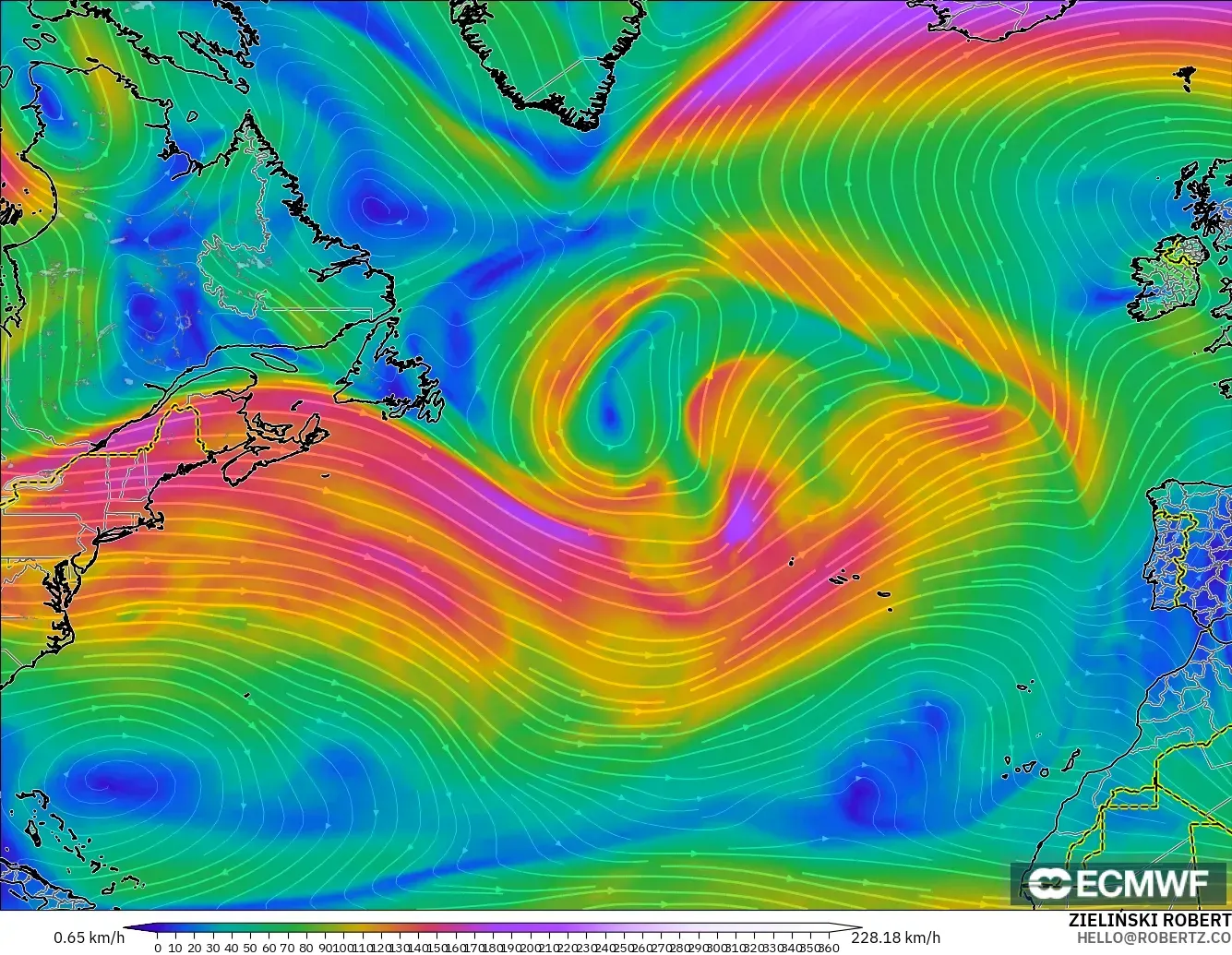 ECMWF IFS 0.25° modelo - Norte Atlántico, Viento a 300 hPa (corriente en chorro)