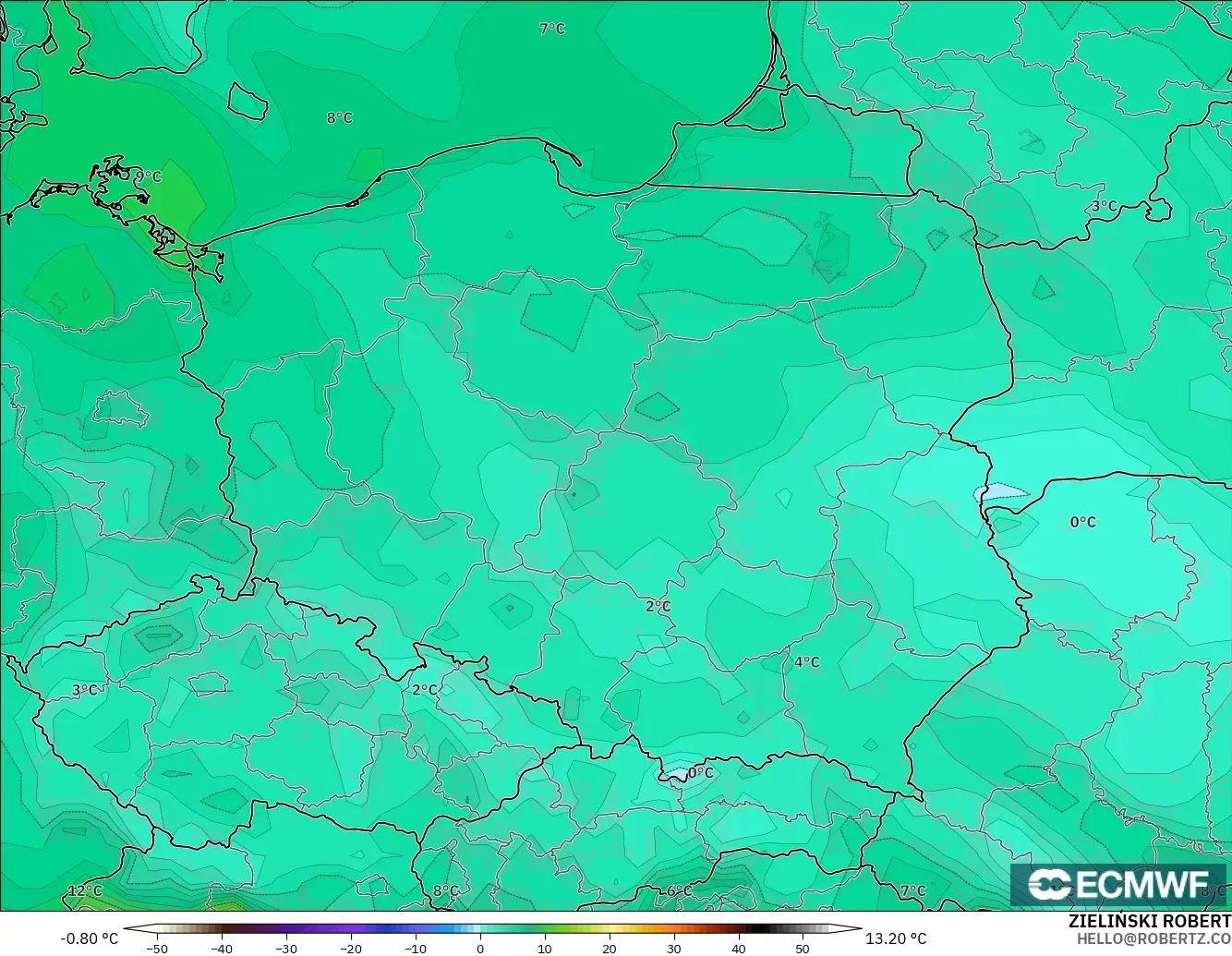 ECMWF IFS 0.25° modelo - Polonia, Punto de rocío a 2 m
