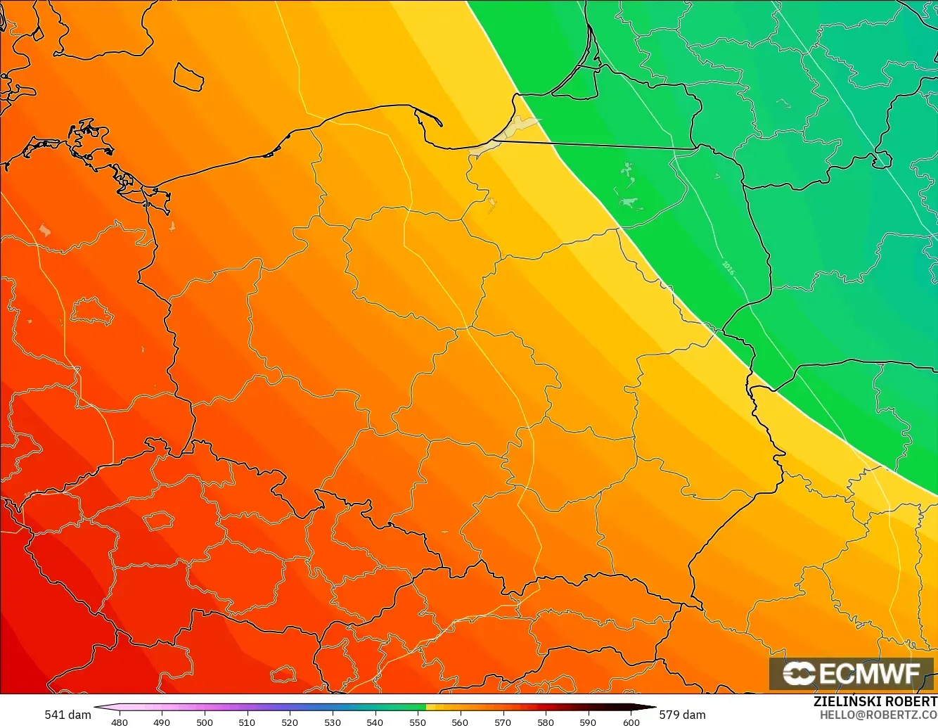 ECMWF IFS 0.25° modelo - Polonia, Altura geopotencial a 500 hPa