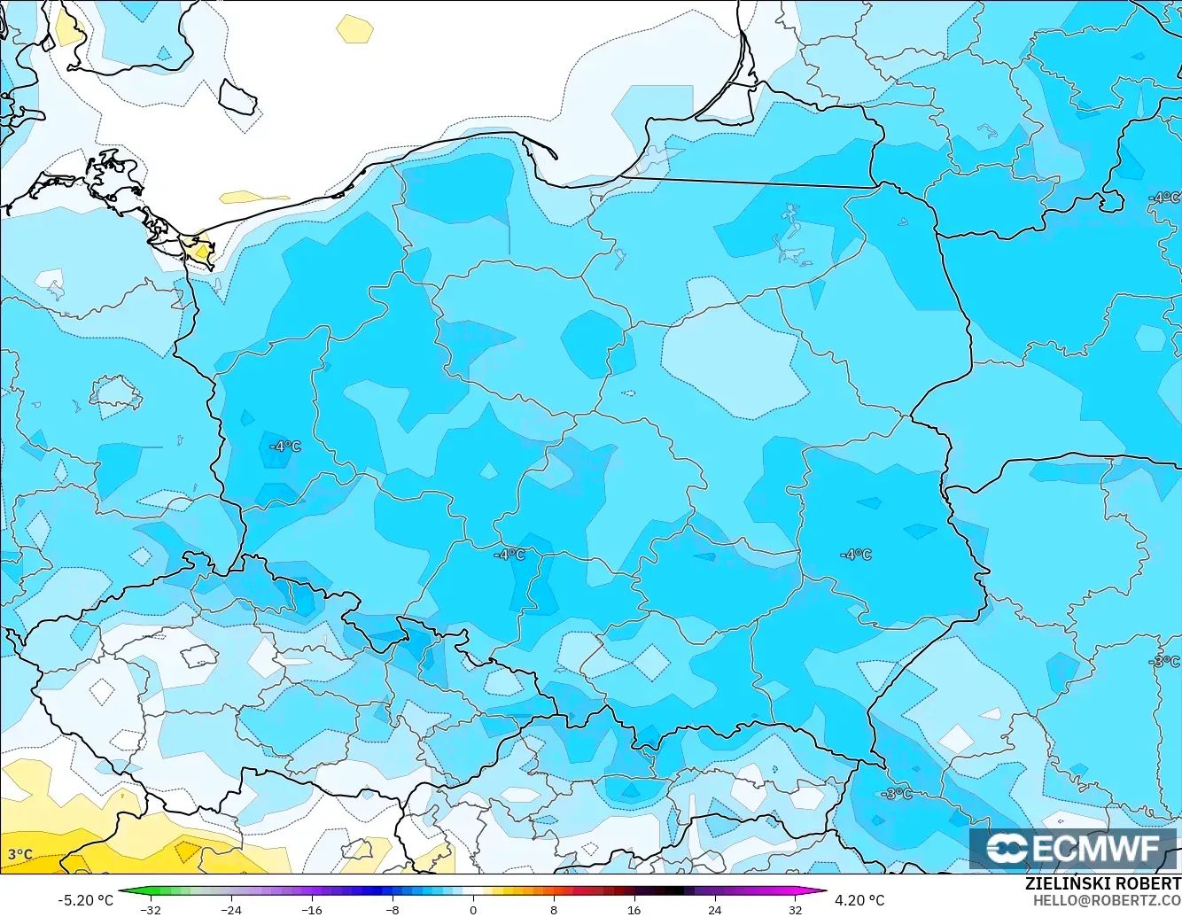 ECMWF IFS 0.25° modelo - Polonia, Anomalía de temperatura a 2 m