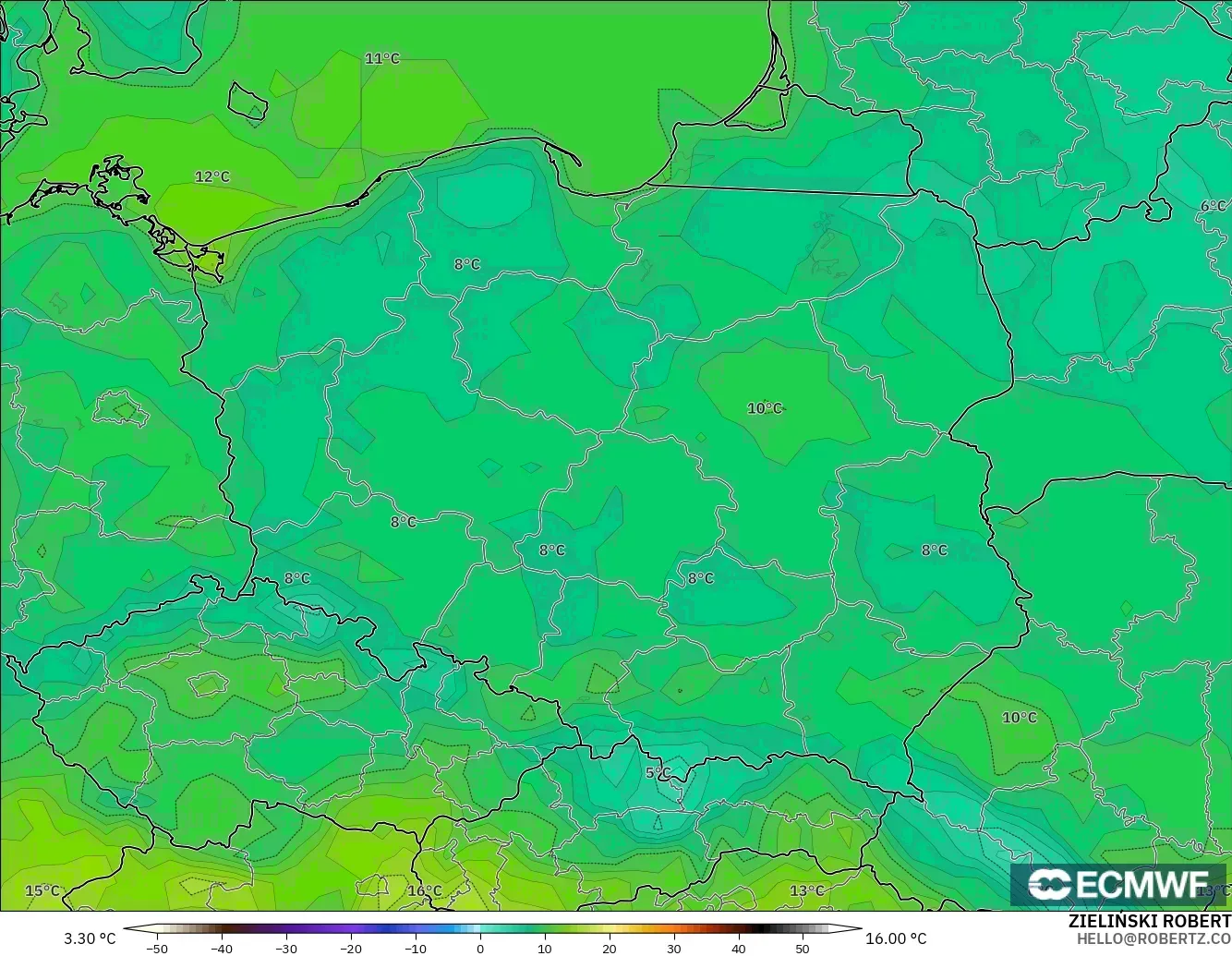 ECMWF IFS 0.25° modelo - Polonia, Temperatura a 2 m