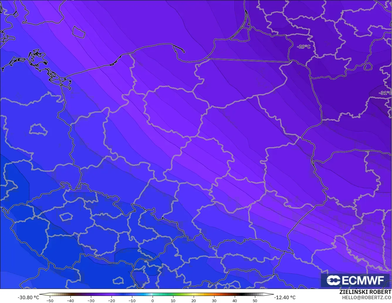 ECMWF IFS 0.25° modelo - Polonia, Temperatura a 500 hPa