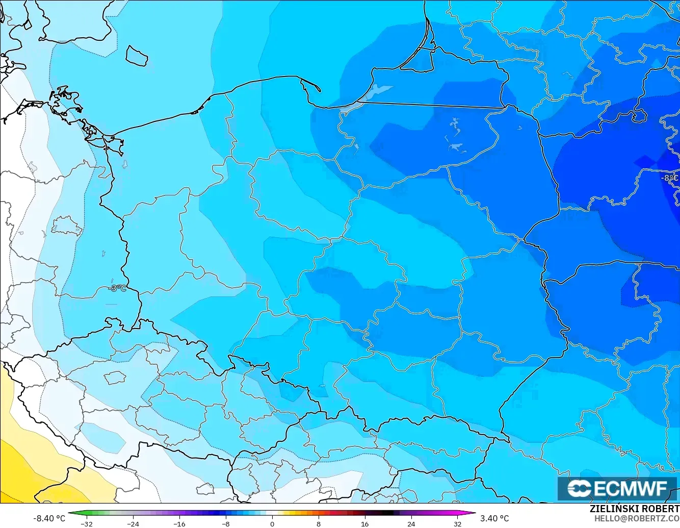 ECMWF IFS 0.25° modelo - Polonia, Anomalía de temperatura a 850 hPa