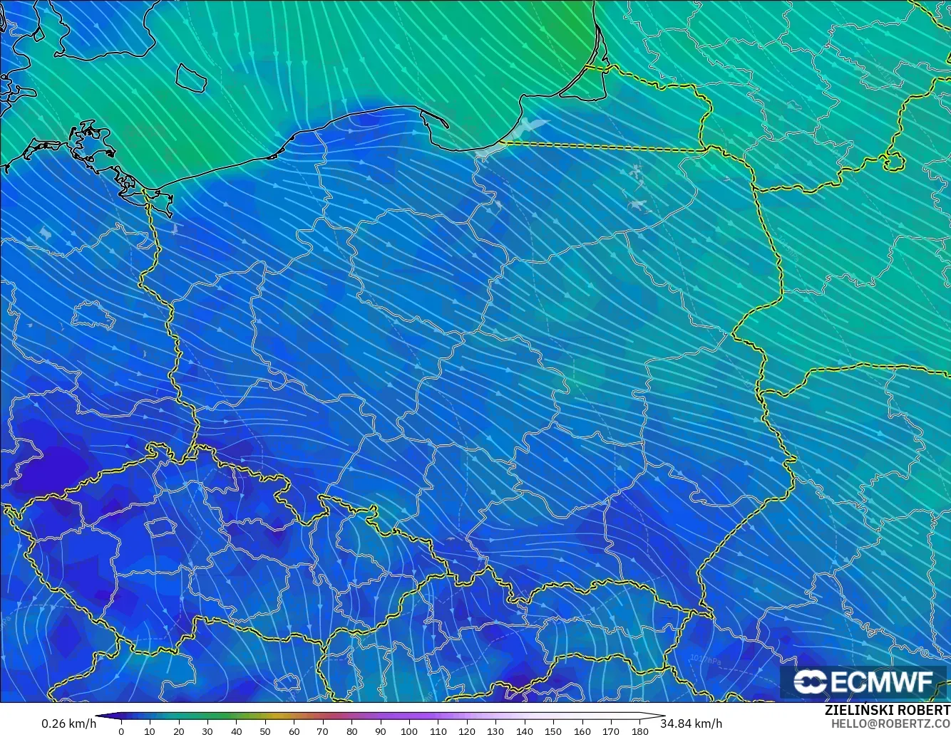ECMWF IFS 0.25° modelo - Polonia, Viento a 10 m