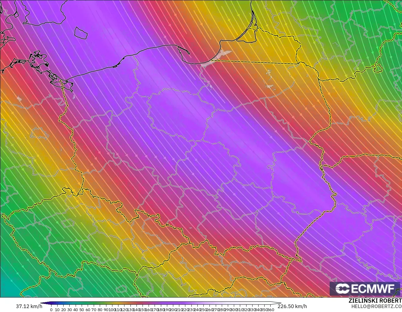 ECMWF IFS 0.25° modelo - Polonia, Viento a 300 hPa (corriente en chorro)