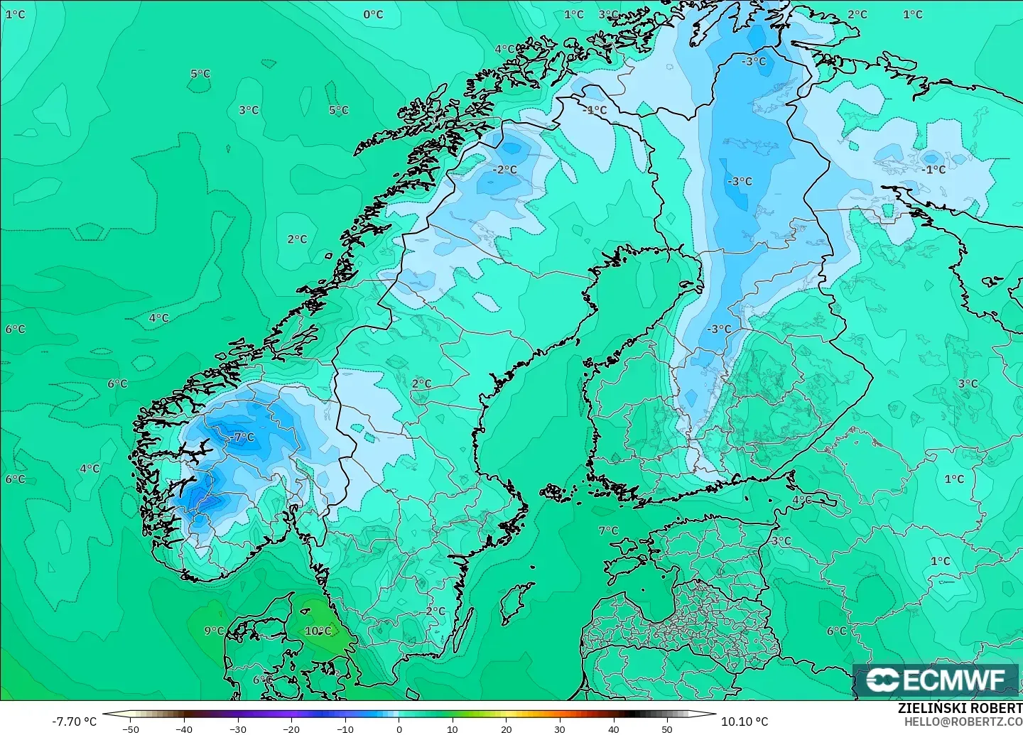 ECMWF IFS 0.25° modelo - Escandinavia, Punto de rocío a 2 m