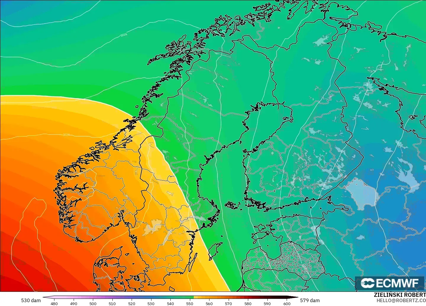 ECMWF IFS 0.25° modelo - Escandinavia, Altura geopotencial a 500 hPa