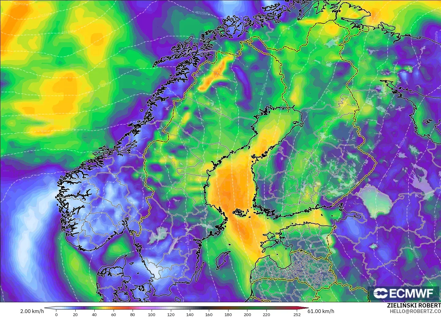 ECMWF IFS 0.25° modelo - Escandinavia, Ráfagas de Viento Máximas