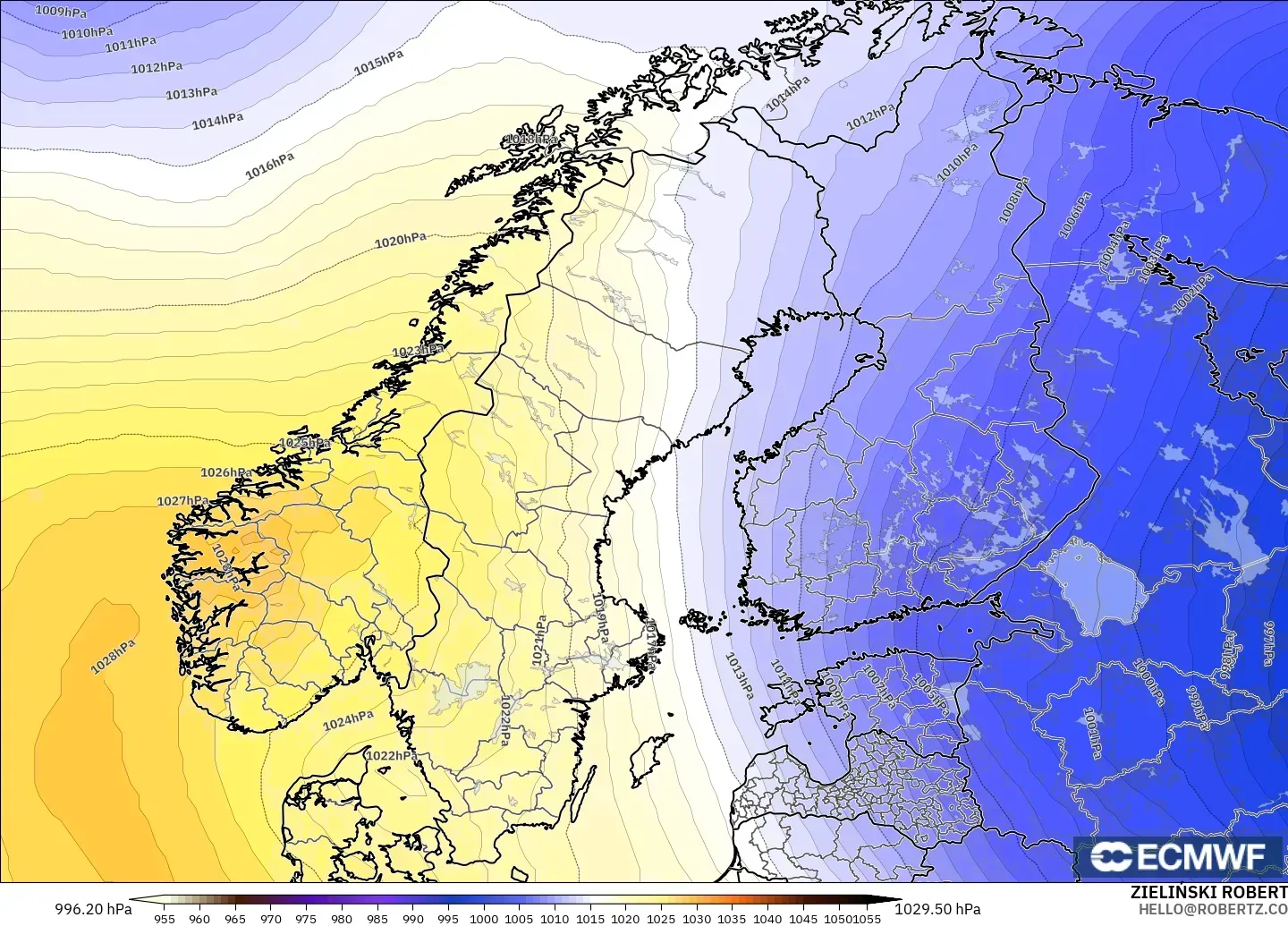 ECMWF IFS 0.25° modelo - Escandinavia, Presión