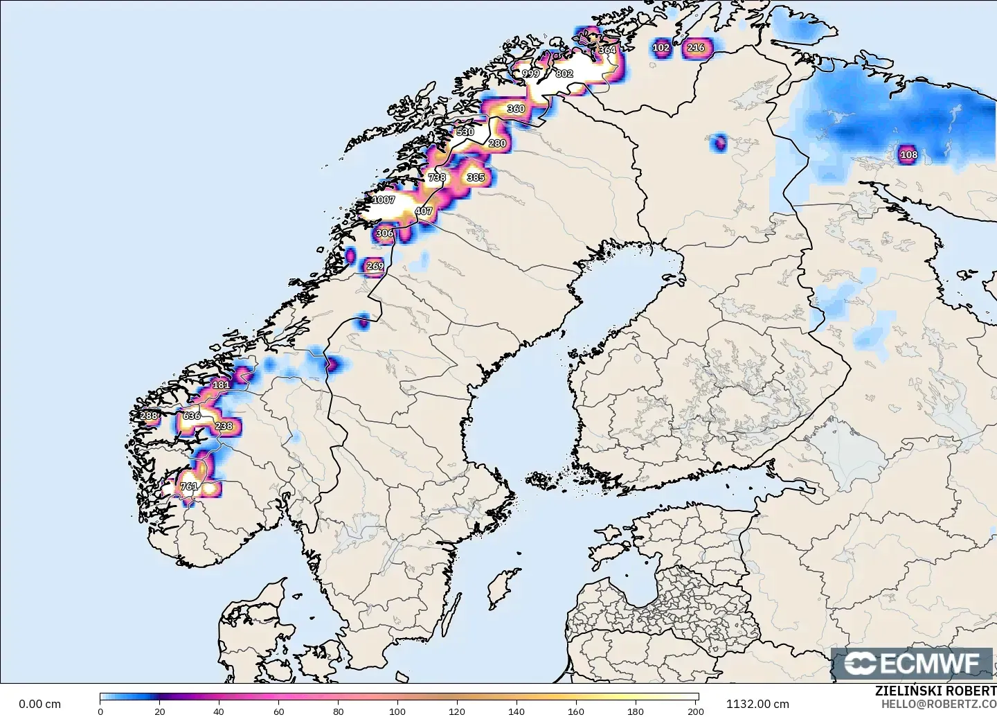 ECMWF IFS 0.25° modelo - Escandinavia, Profundidad de nieve