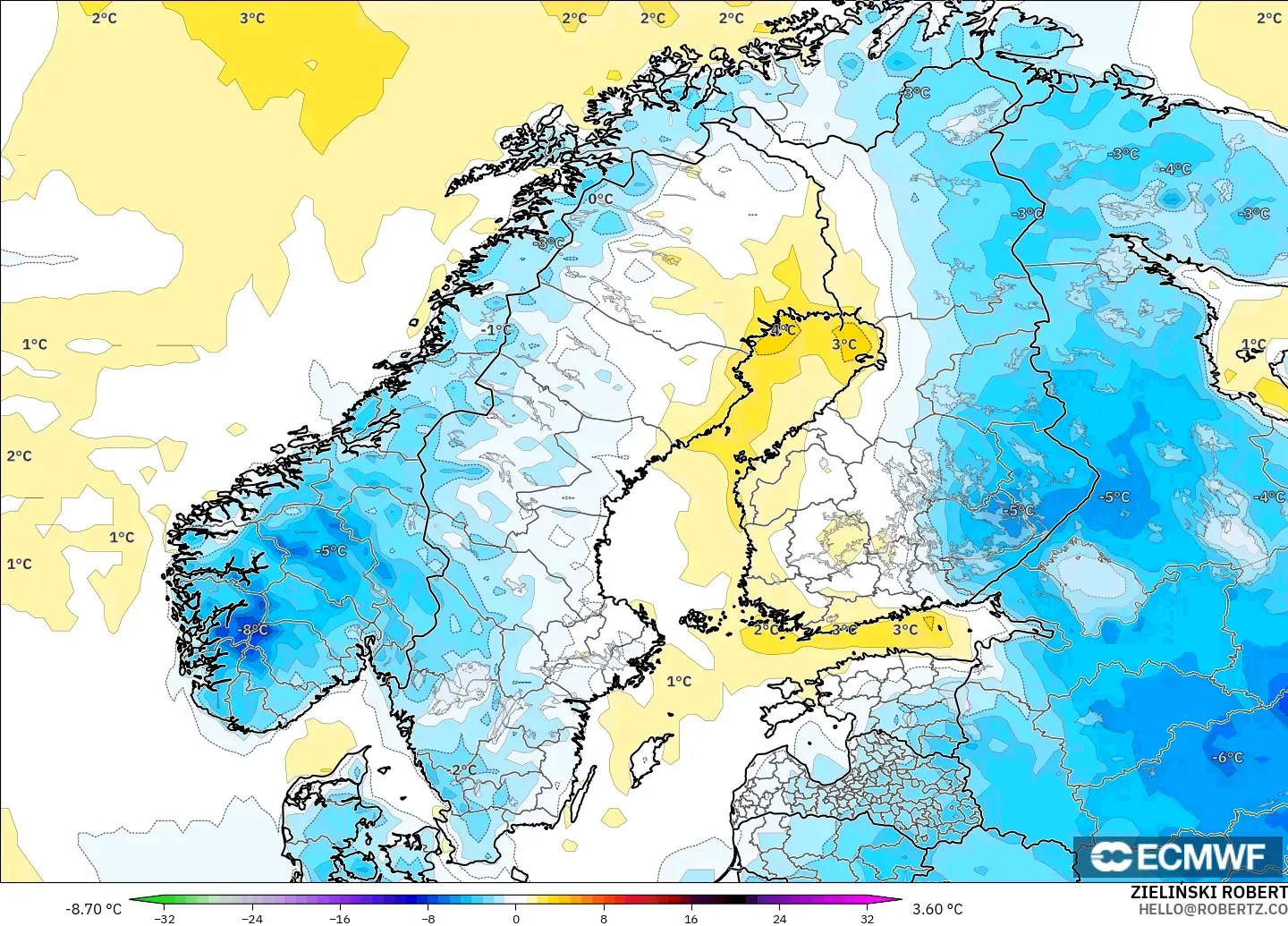 ECMWF IFS 0.25° modelo - Escandinavia, Anomalía de temperatura a 2 m