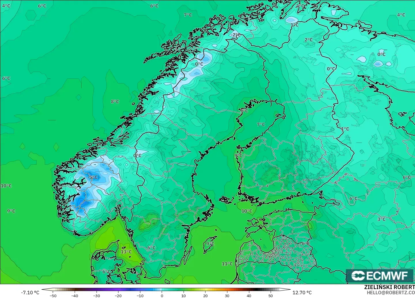 ECMWF IFS 0.25° modelo - Escandinavia, Temperatura a 2 m