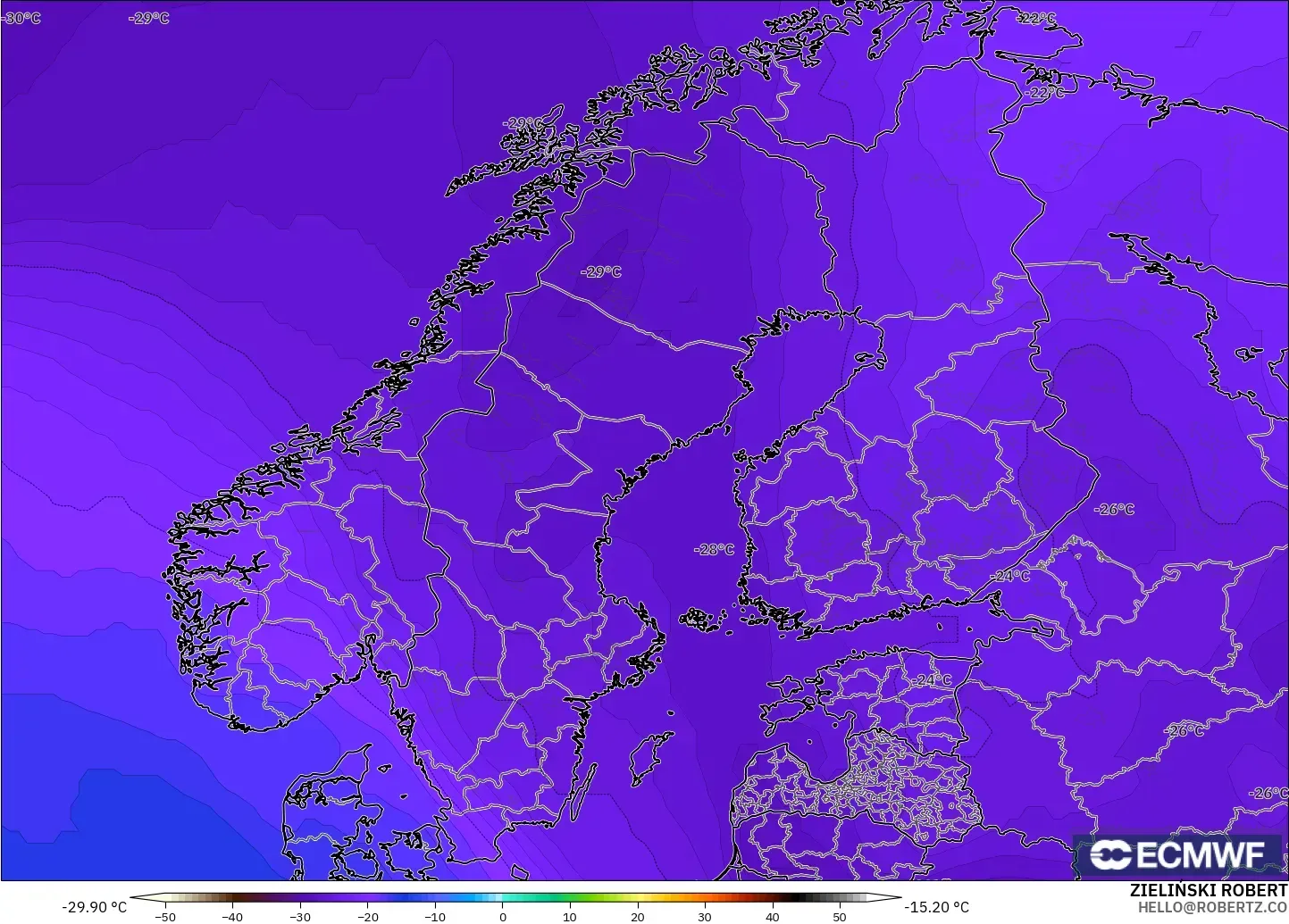 ECMWF IFS 0.25° modelo - Escandinavia, Temperatura a 500 hPa