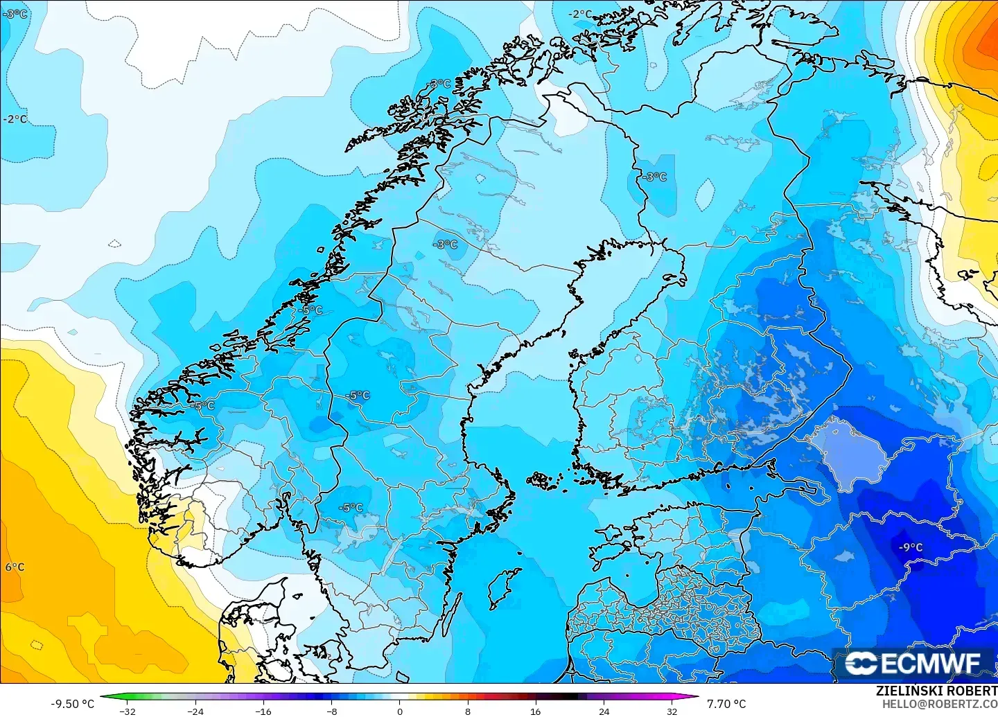 ECMWF IFS 0.25° modelo - Escandinavia, Anomalía de temperatura a 850 hPa