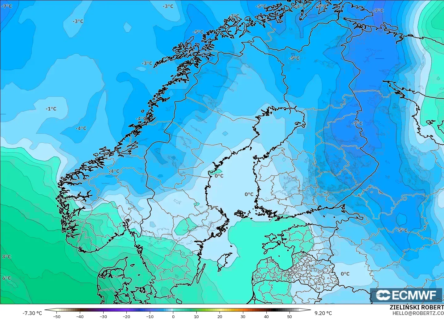 ECMWF IFS 0.25° modelo - Escandinavia, Temperatura a 850 hPa