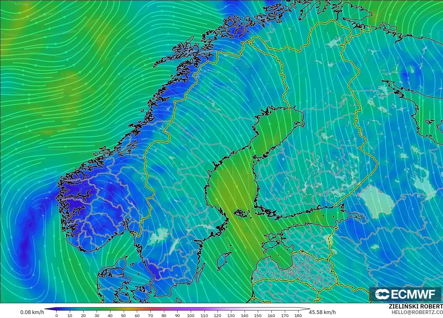 ECMWF IFS 0.25° modelo - Escandinavia, Viento a 10 m
