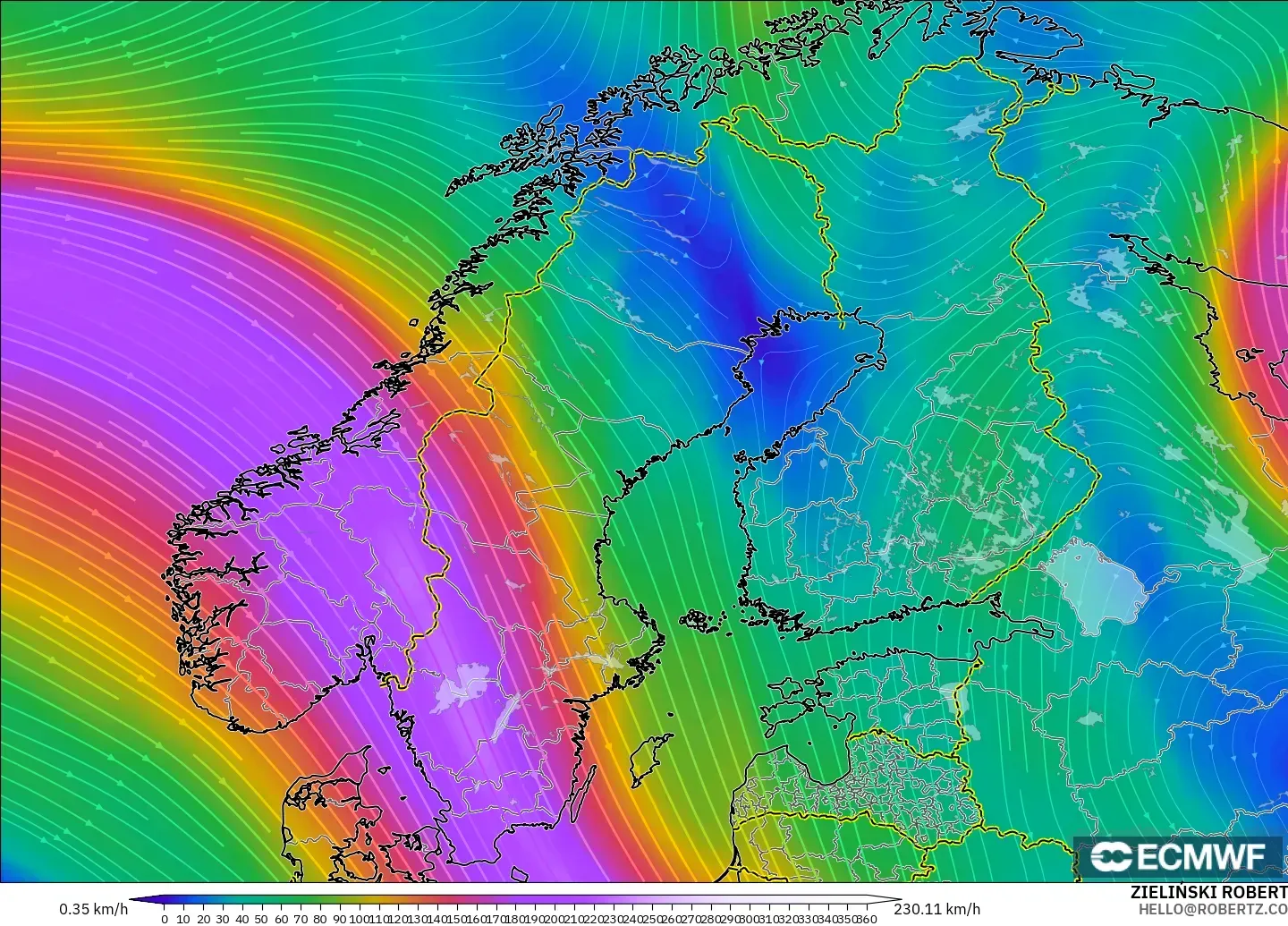 ECMWF IFS 0.25° modelo - Escandinavia, Viento a 300 hPa (corriente en chorro)