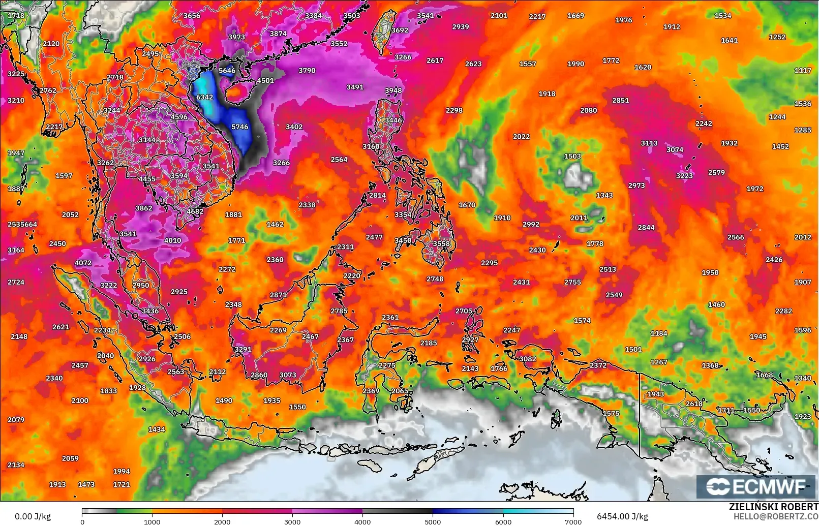 ECMWF IFS 0.25° modelo - Sudeste Asiático, CAPE