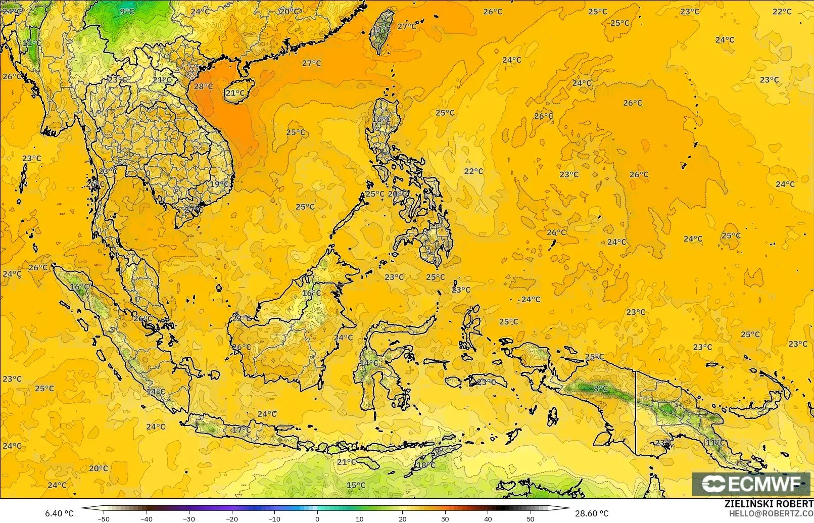 ECMWF IFS 0.25° modelo - Sudeste Asiático, Punto de rocío a 2 m