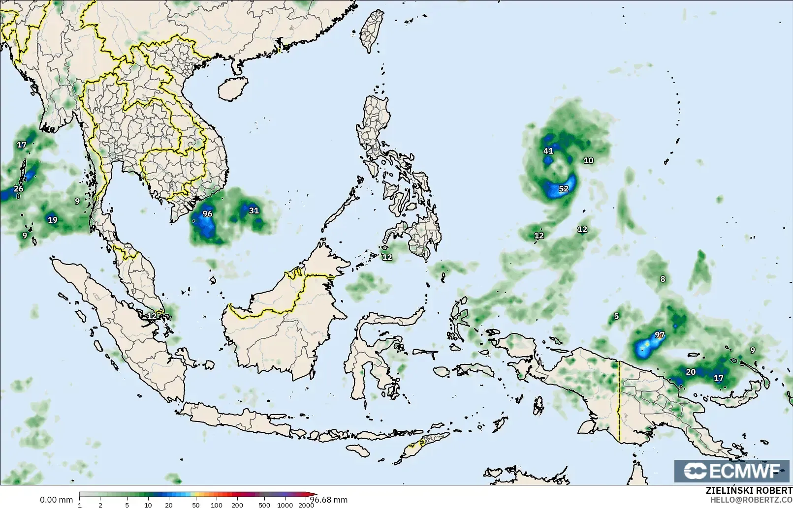 ECMWF IFS 0.25° modelo - Sudeste Asiático, Acumulación de precipitación