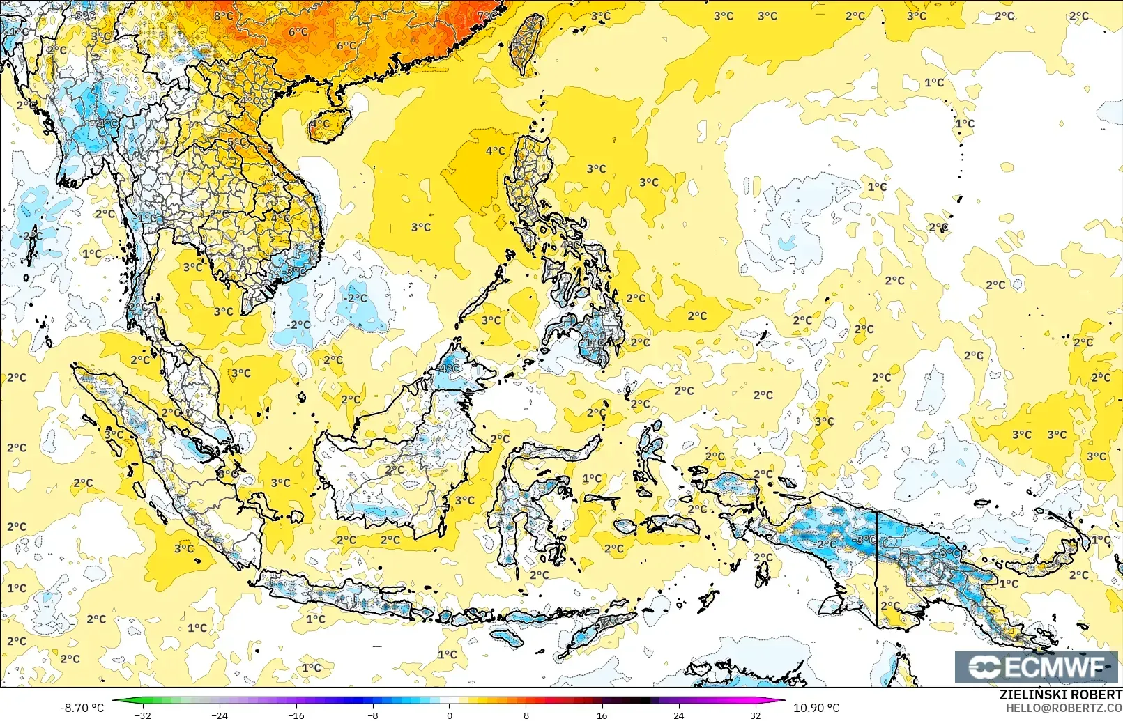 ECMWF IFS 0.25° modelo - Sudeste Asiático, Anomalía de temperatura a 2 m