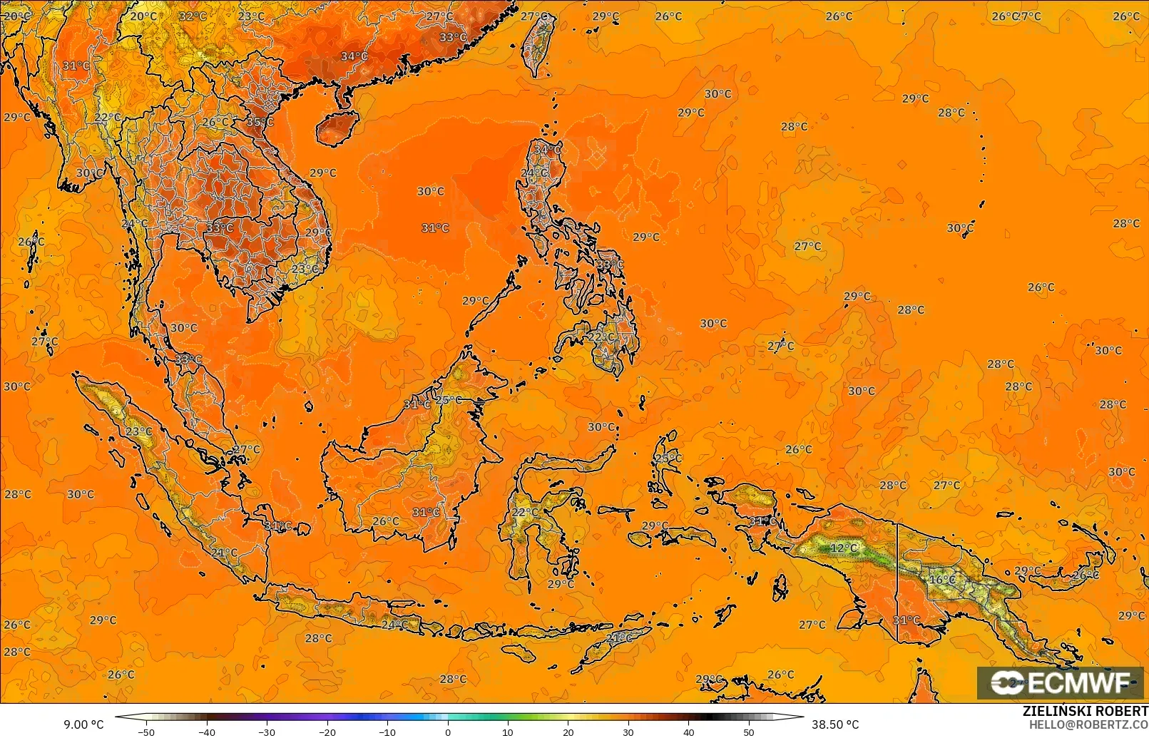 ECMWF IFS 0.25° modelo - Sudeste Asiático, Temperatura a 2 m
