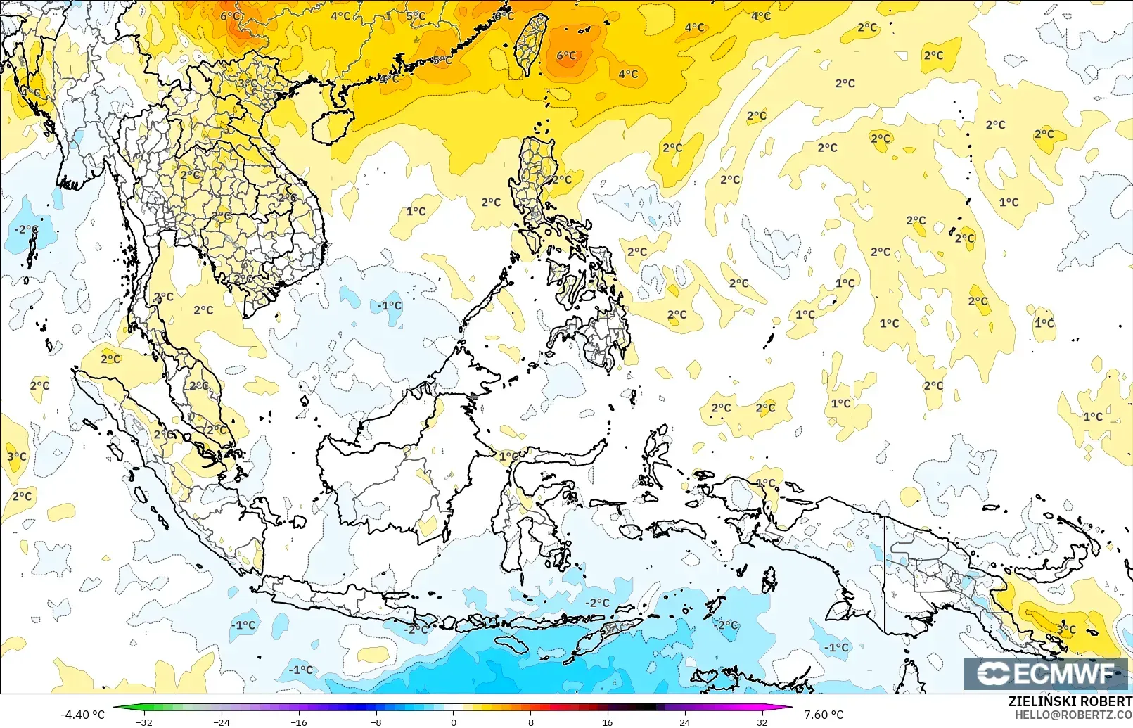 ECMWF IFS 0.25° modelo - Sudeste Asiático, Anomalía de temperatura a 850 hPa