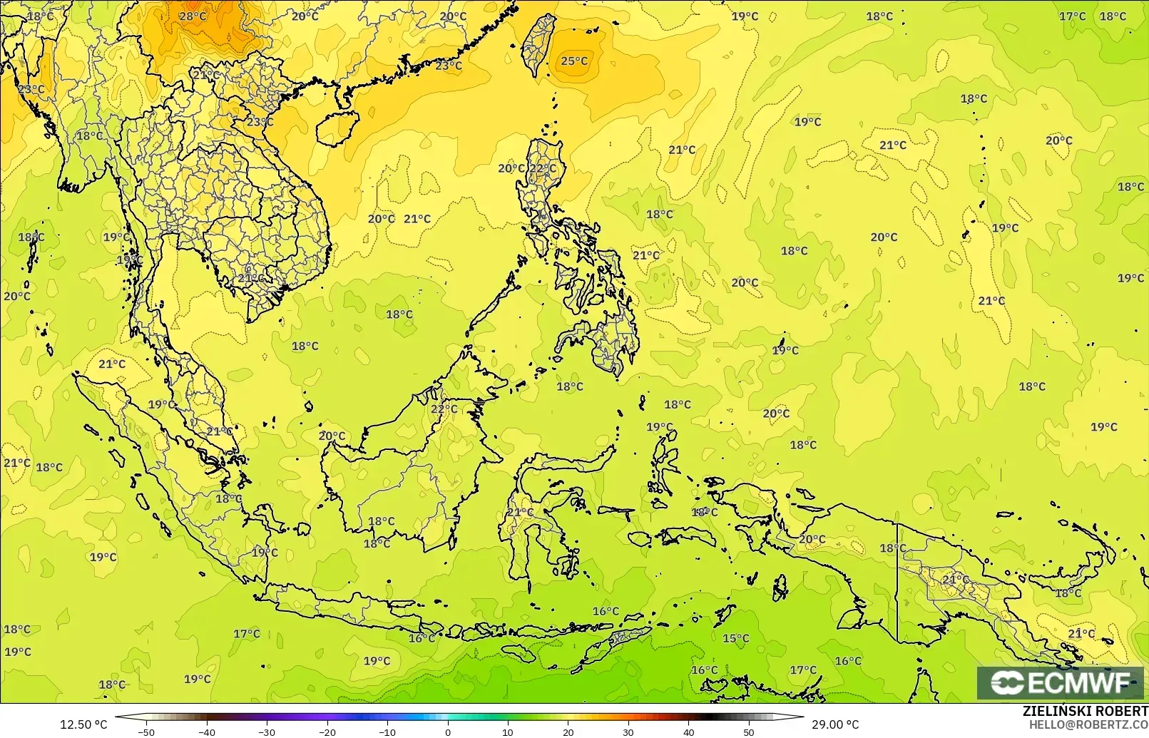 ECMWF IFS 0.25° modelo - Sudeste Asiático, Temperatura a 850 hPa