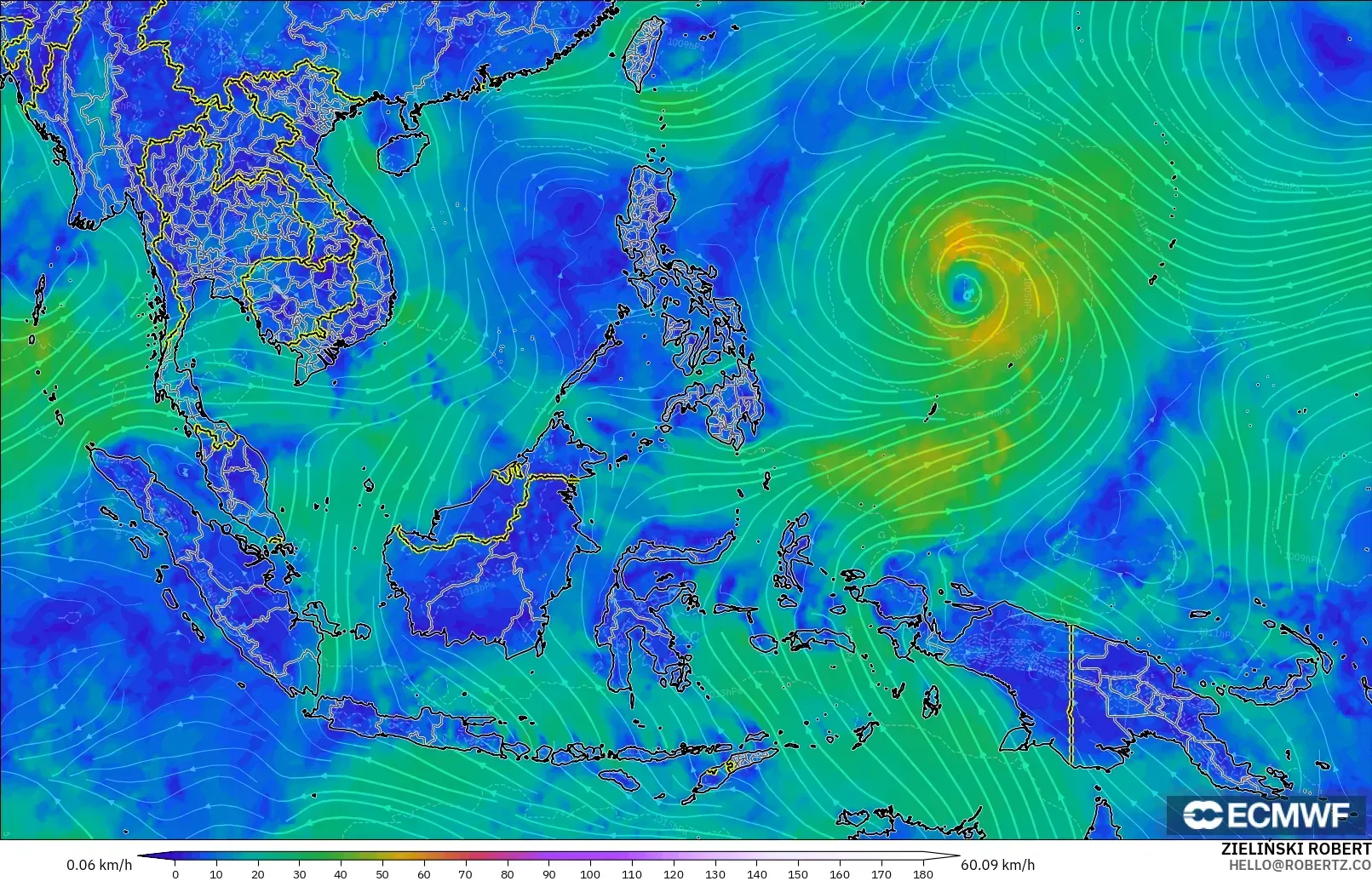 ECMWF IFS 0.25° modelo - Sudeste Asiático, Viento a 10 m