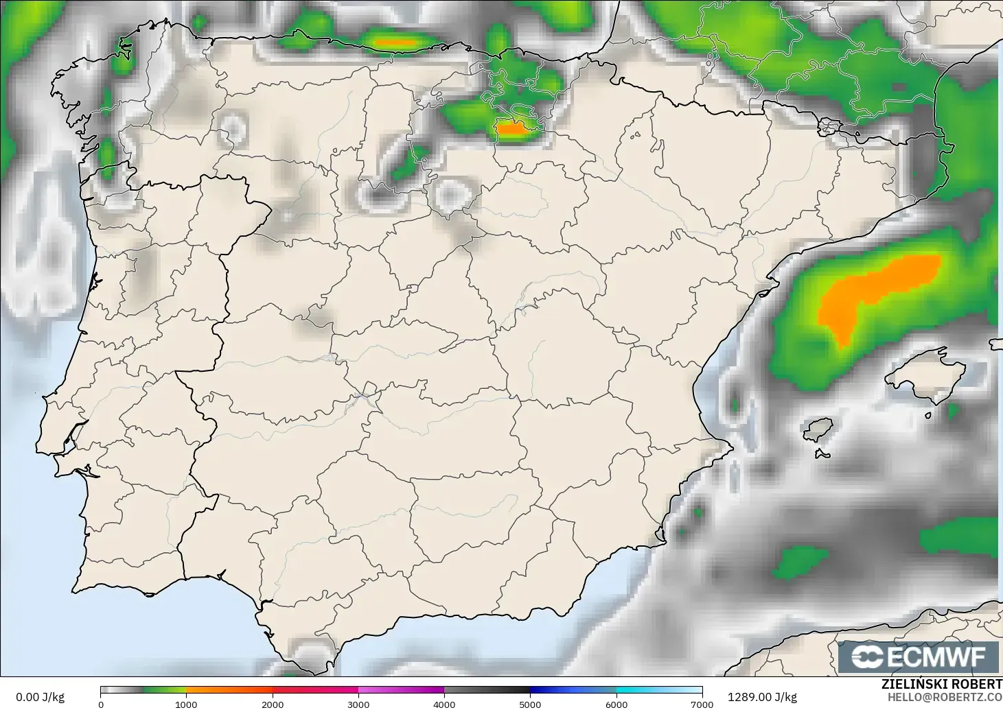 ECMWF IFS 0.25° modelo - España, CAPE