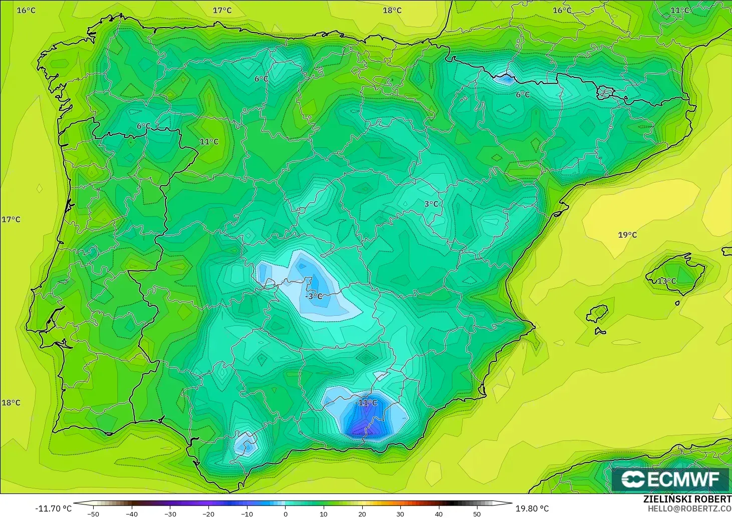 ECMWF IFS 0.25° modelo - España, Punto de rocío a 2 m
