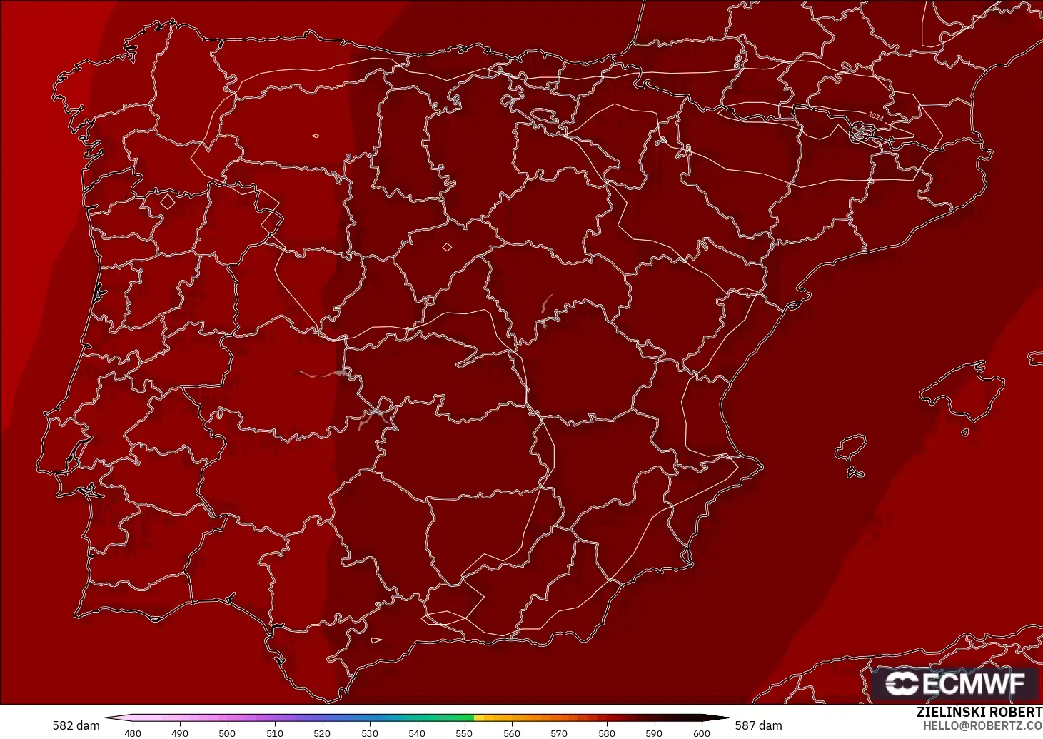 ECMWF IFS 0.25° modelo - España, Altura geopotencial a 500 hPa
