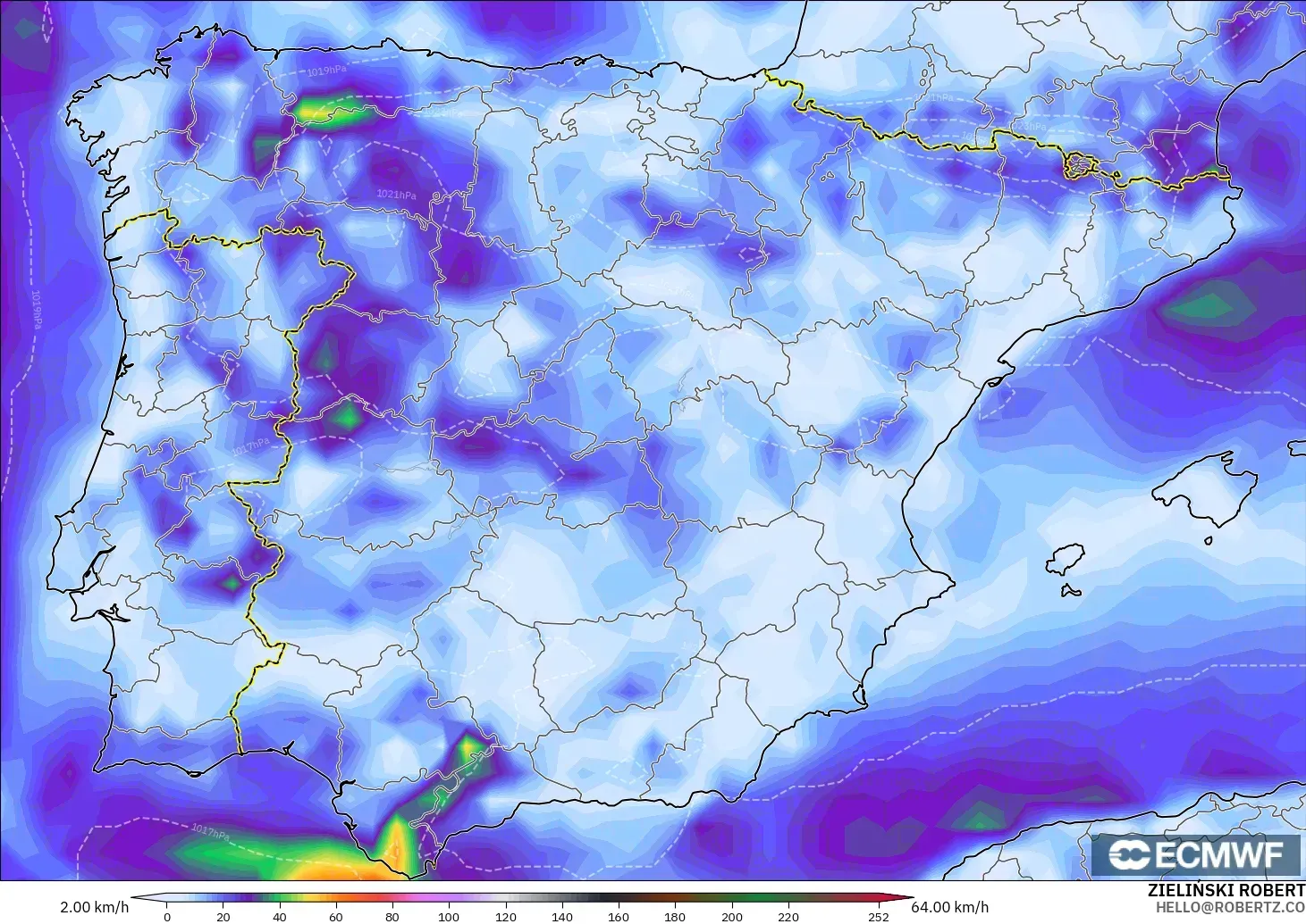 ECMWF IFS 0.25° modelo - España, Ráfagas de viento