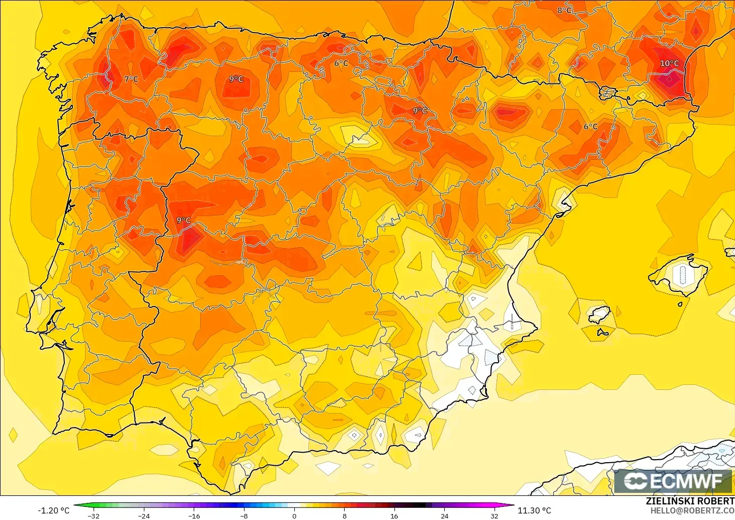 ECMWF IFS 0.25° modelo - España, Anomalía de temperatura a 2 m