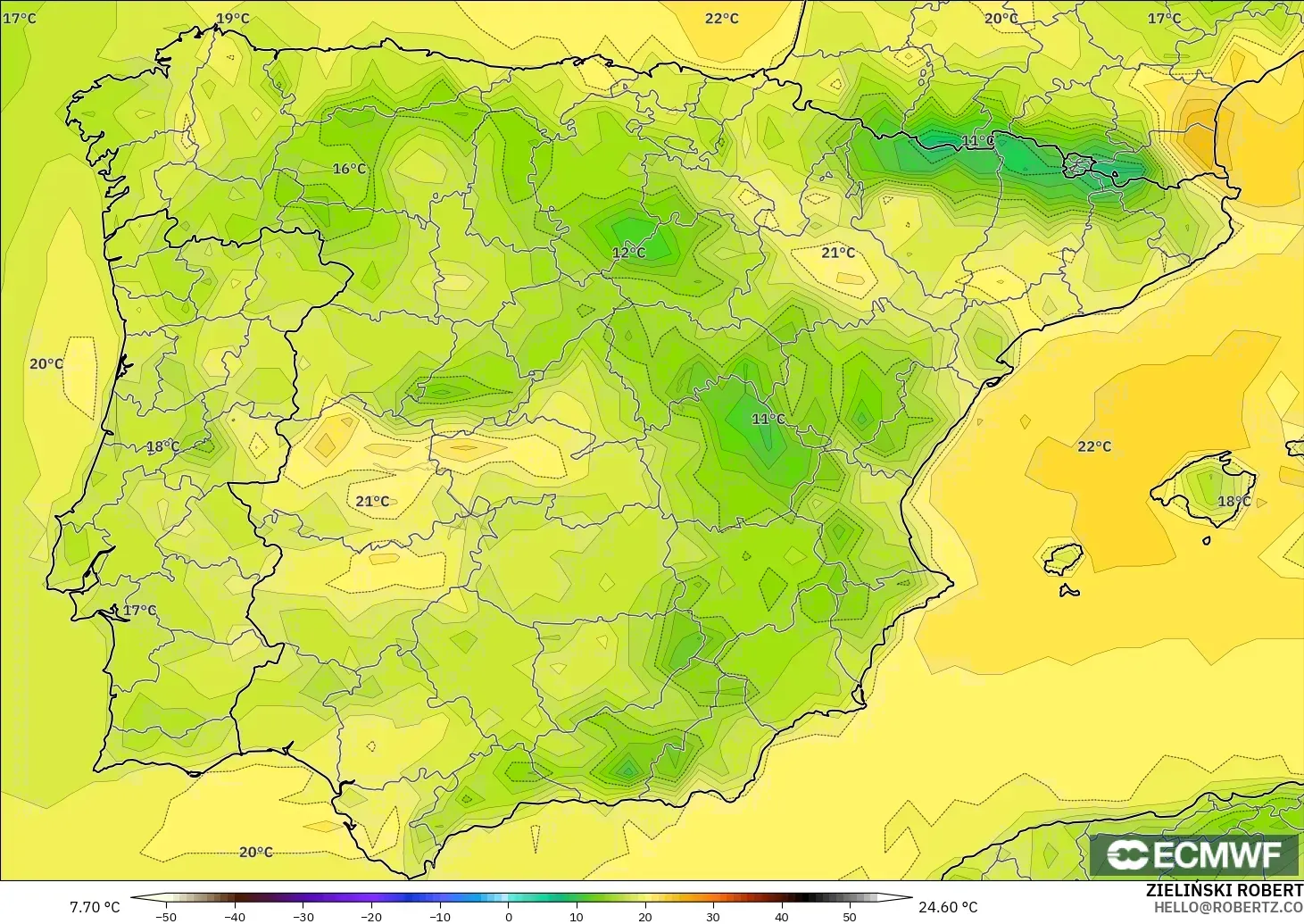 ECMWF IFS 0.25° modelo - España, Temperatura a 2 m