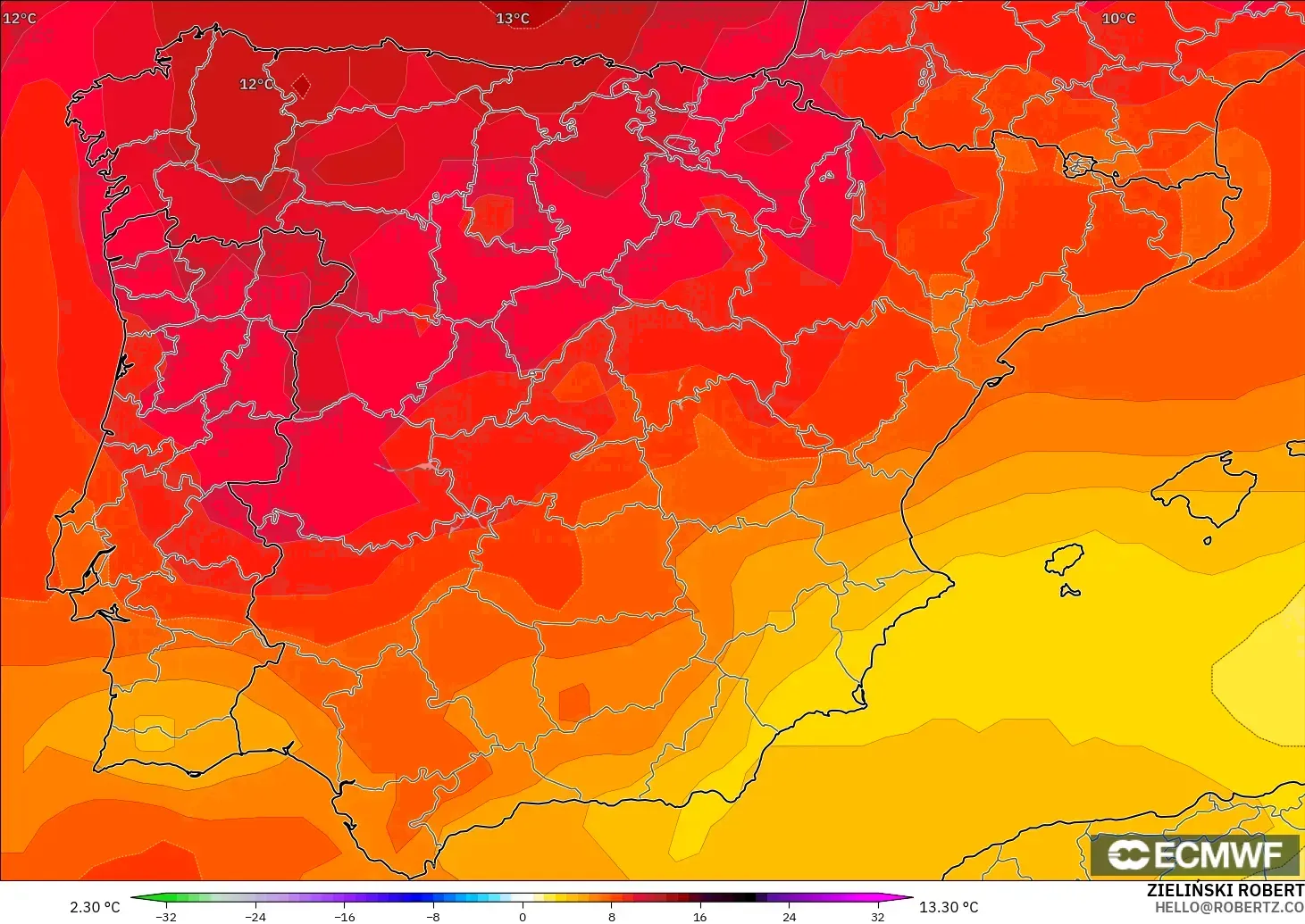 ECMWF IFS 0.25° modelo - España, Anomalía de temperatura a 850 hPa
