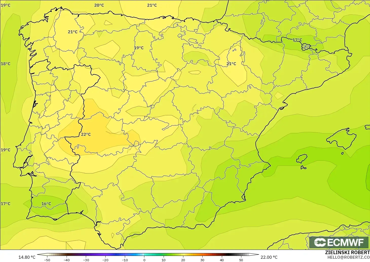 ECMWF IFS 0.25° modelo - España, Temperatura a 850 hPa