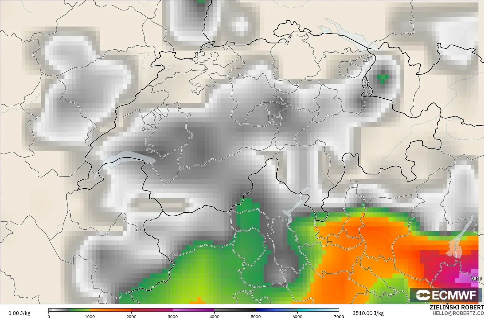 ECMWF IFS 0.25° modelo - Suiza, CAPE