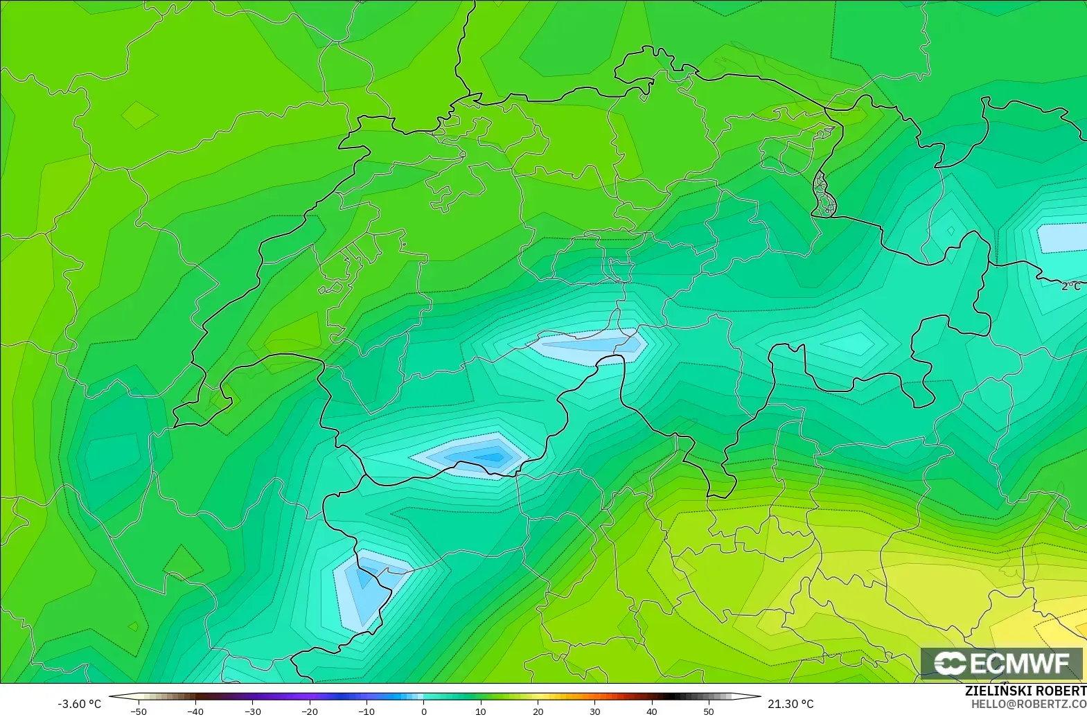 ECMWF IFS 0.25° modelo - Suiza, Punto de rocío a 2 m