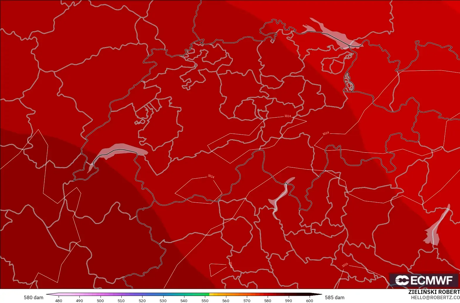 ECMWF IFS 0.25° modelo - Suiza, Altura geopotencial a 500 hPa