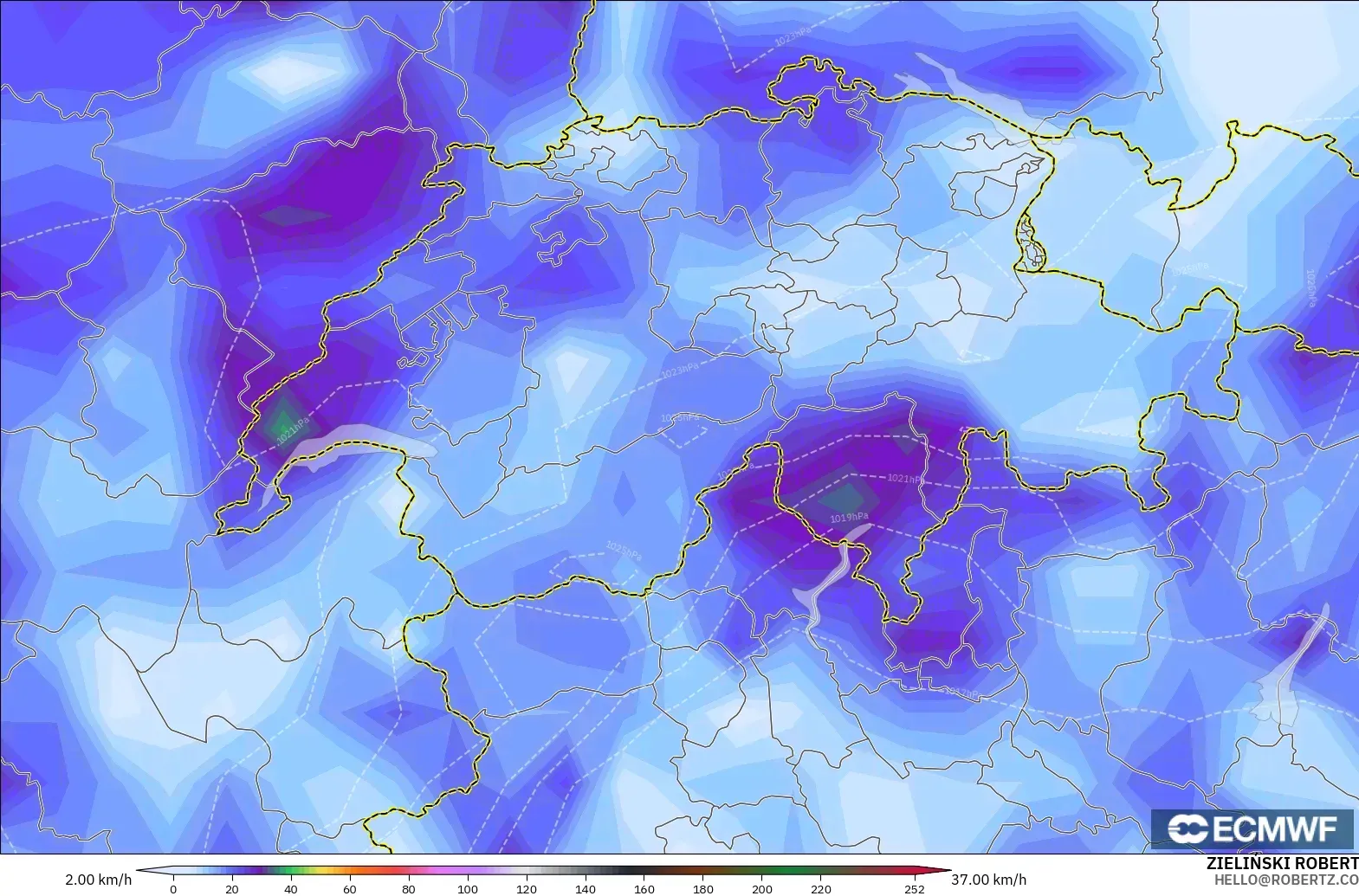 ECMWF IFS 0.25° modelo - Suiza, Ráfagas de Viento Máximas