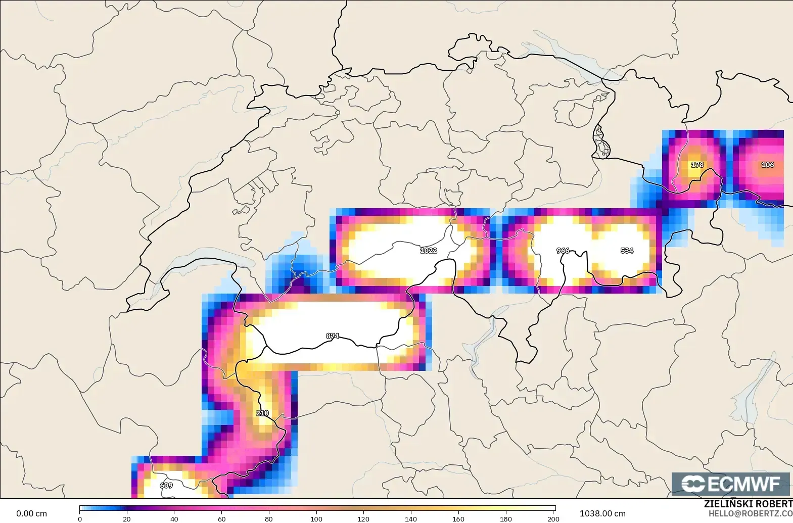 ECMWF IFS 0.25° modelo - Suiza, Profundidad de nieve