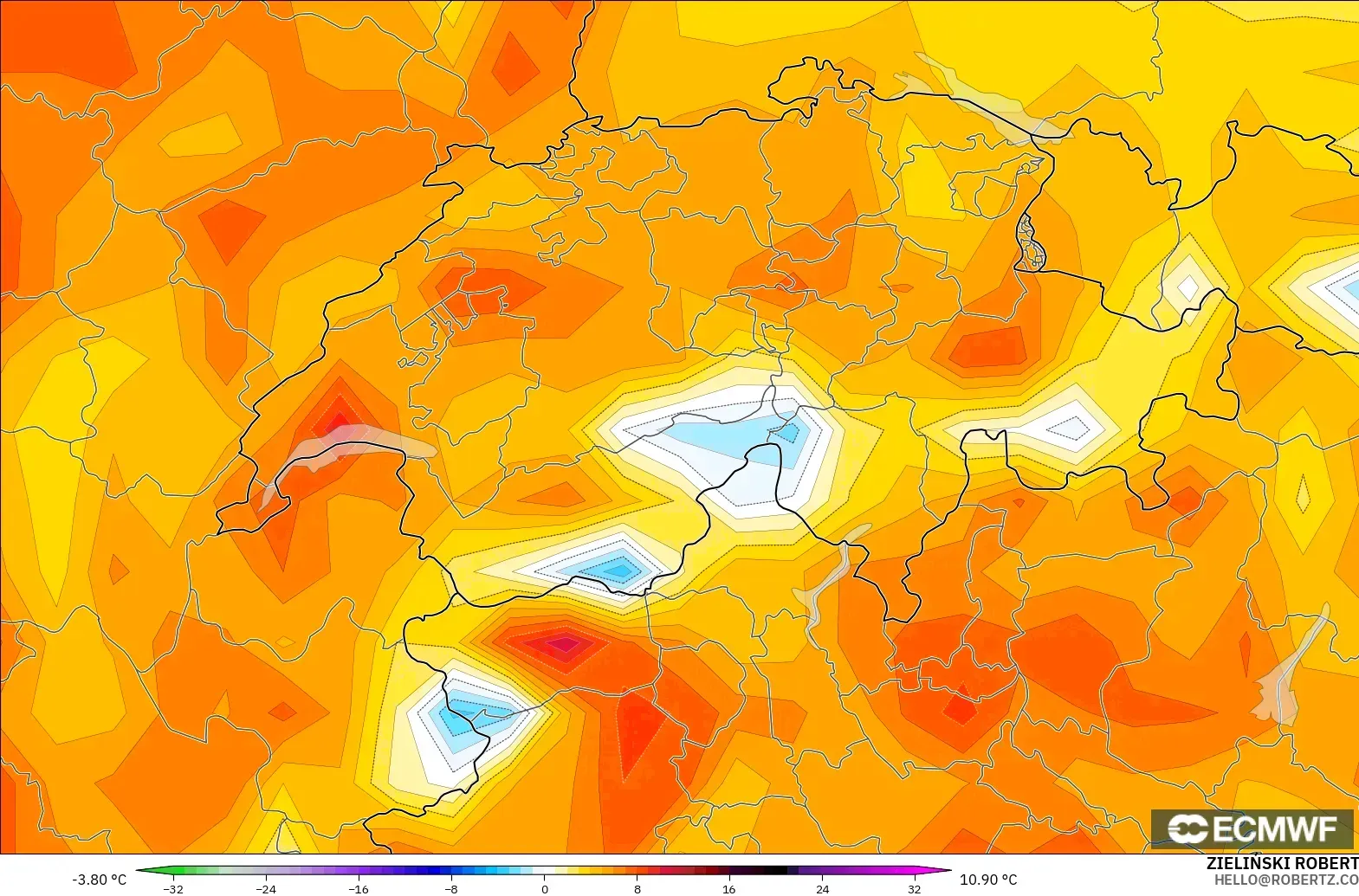 ECMWF IFS 0.25° modelo - Suiza, Anomalía de temperatura a 2 m