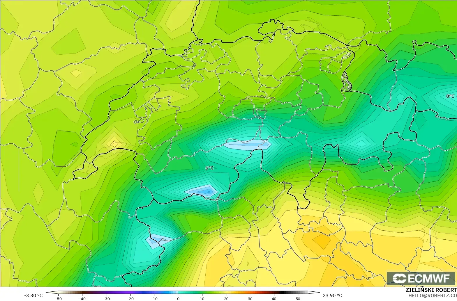 ECMWF IFS 0.25° modelo - Suiza, Temperatura a 2 m