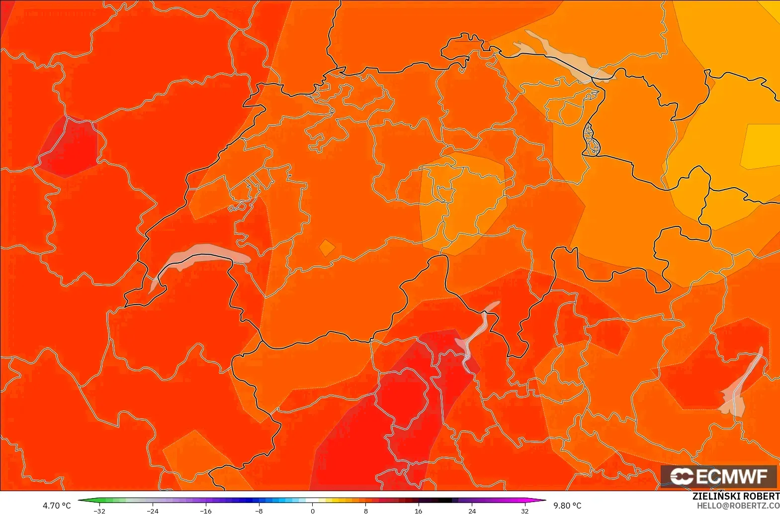 ECMWF IFS 0.25° modelo - Suiza, Anomalía de temperatura a 850 hPa