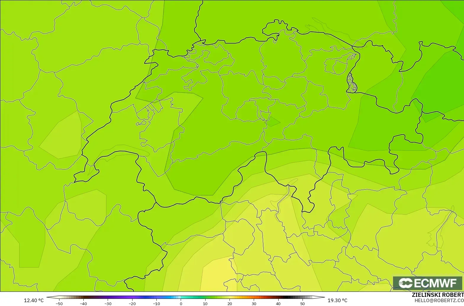 ECMWF IFS 0.25° modelo - Suiza, Temperatura a 850 hPa