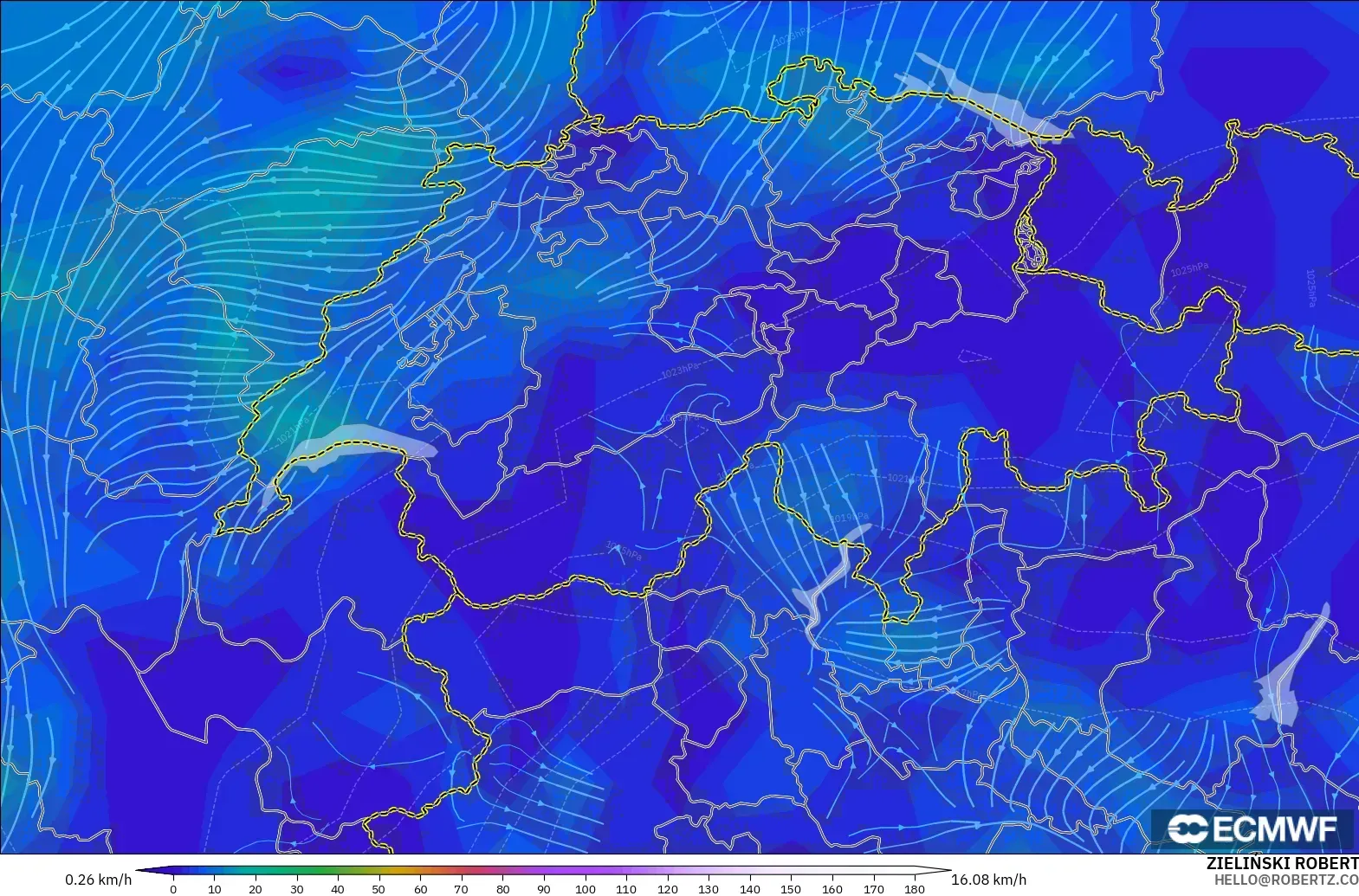 ECMWF IFS 0.25° modelo - Suiza, Viento a 10 m